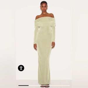 PrettyLittleThing Sage Green Off-Shoulder Velvet Maxi Dress